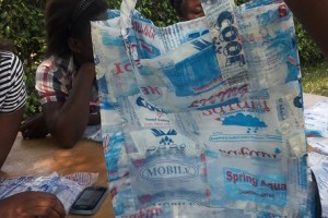 The sachets is now a strong plastic bag, made by our students